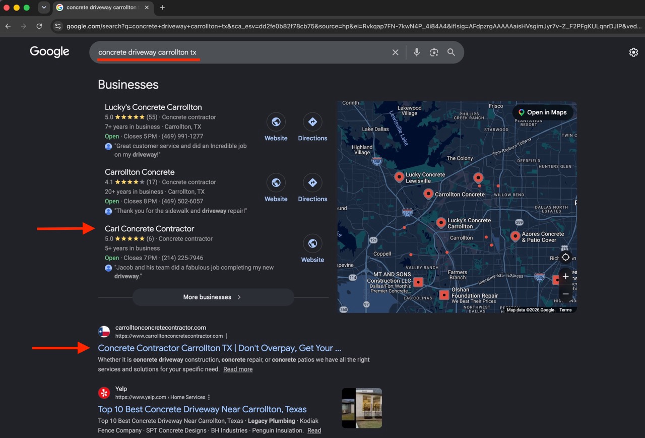 Google Map Pack screenshot showing a concrete contractor Google Business Profile ranking in position 3 for a local search in Carrollton, DFW.